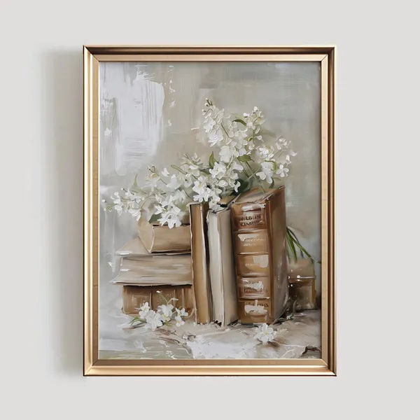 Spring Floral Print, Cottagecore Book Stack Art