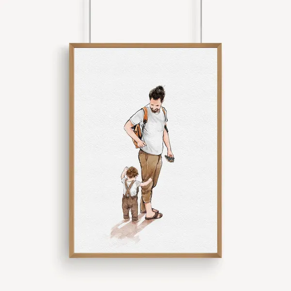 Custom Dad And Son Watercolor Portrait From Photo