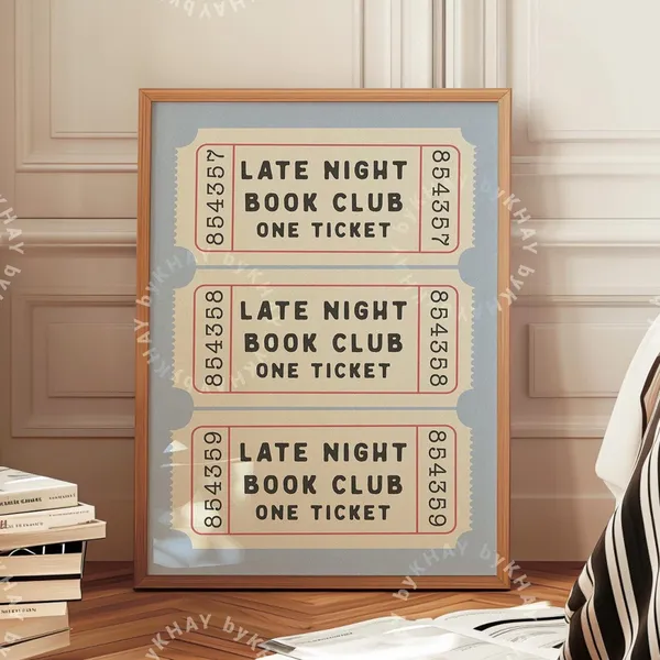 Late Night Book Club Ticket Poster, Retro Aesthetic