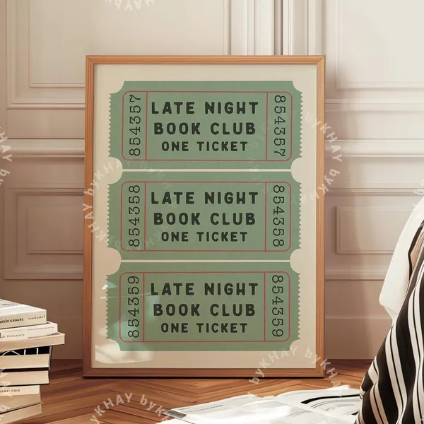 Late Night Book Club Ticket, Retro Book Lover Art Print