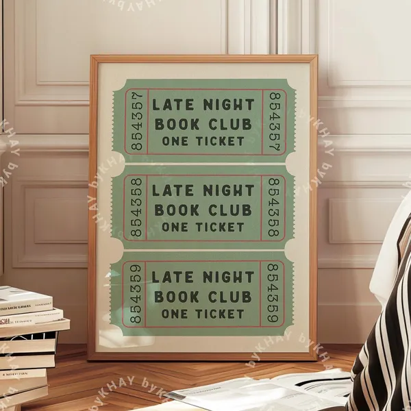 Late Night Book Club Ticket Print, Vintage Preppy