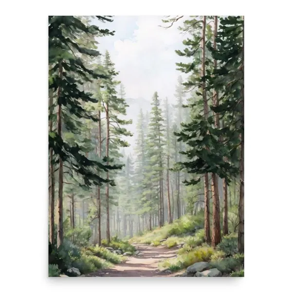 Foggy Pine Forest Watercolor Art Print, Pacific Northwest