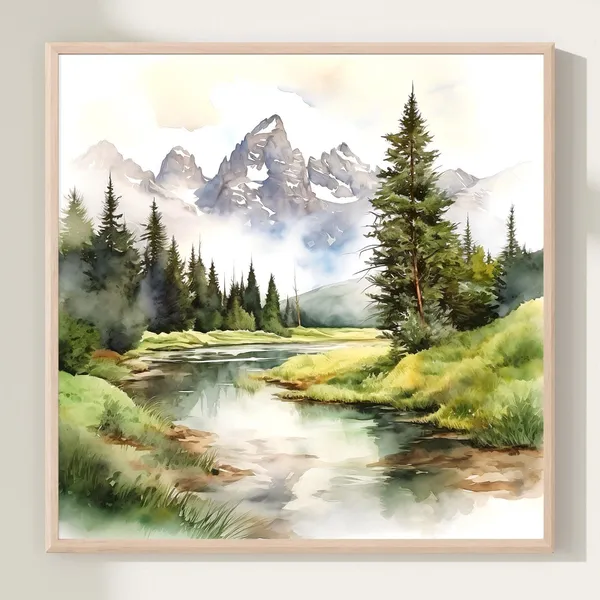 Mountain River Watercolor Art Print, Minimalist Landscape