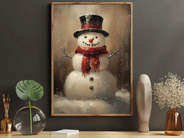 Vintage Cozy Snowman Christmas Wall Art Print