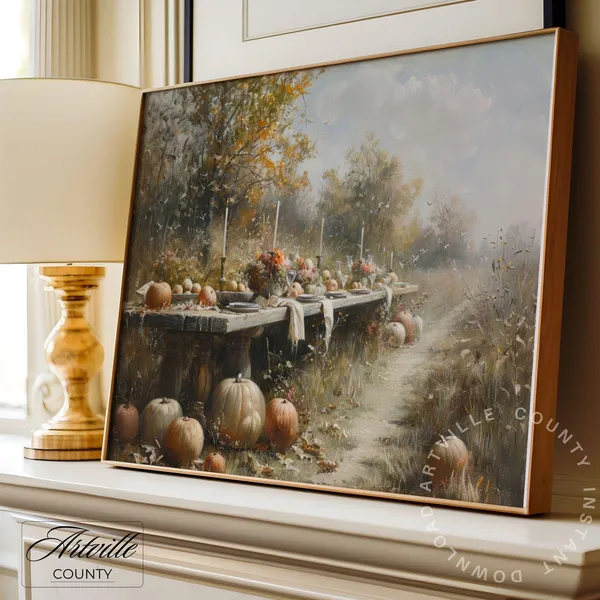 Thanksgiving Table With Pumpkins Rustic Fall Art Print