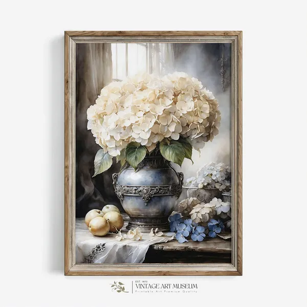 Vintage Watercolor White Hydrangeas in Antique Vase