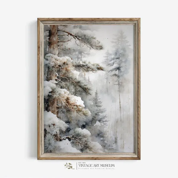 Vintage Pine Tree Watercolor Winter Landscape Art Print