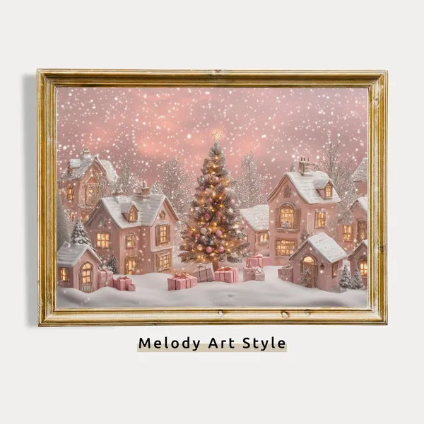 Pink Snowy Christmas Village Art Print, Holiday Wonderland