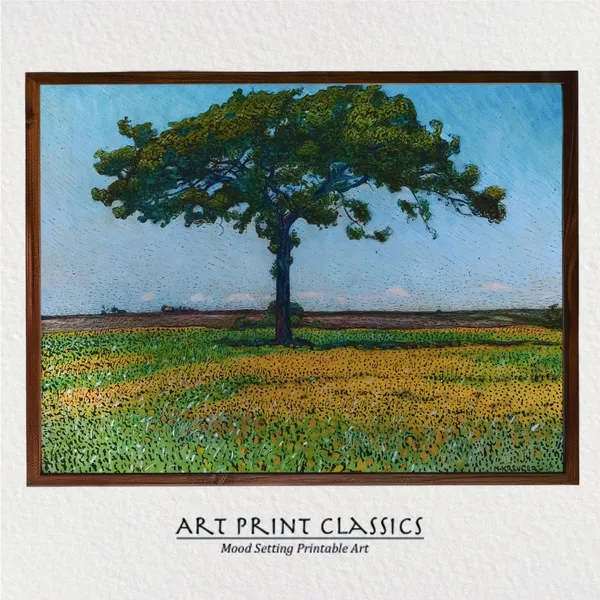 Tree In Meadow Landscape, Vintage Farmhouse Art Print