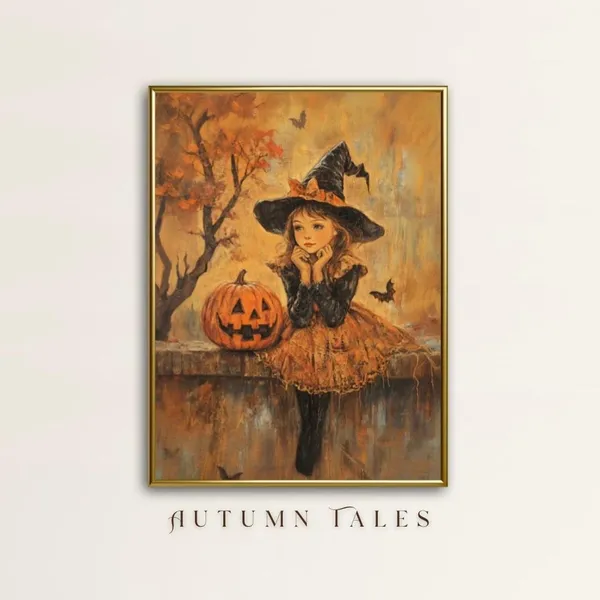 Little Witchy Girl and Pumpkin Halloween Art Print
