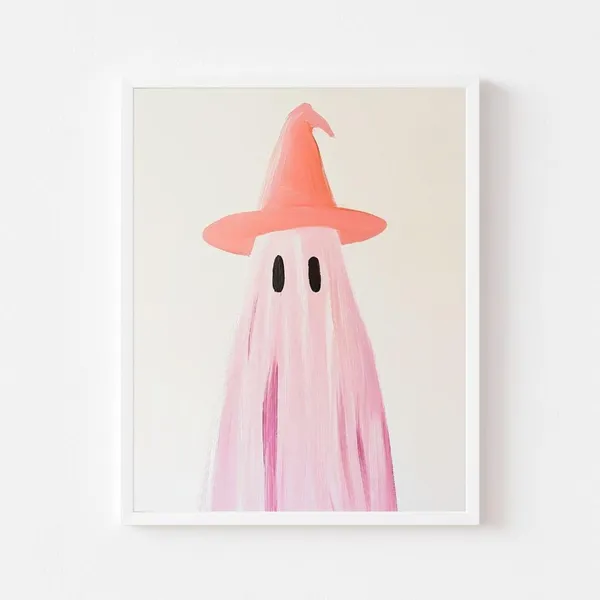Pink Ghost With Witch Hat, Girly Halloween Art Print