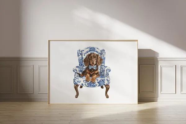 Preppy Dachshund Chinoiserie Art Print, Nursery Decor