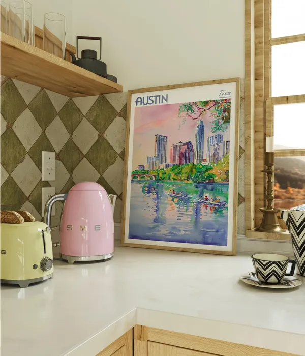 Austin Texas Watercolor Travel Poster, Dorm Room Decor