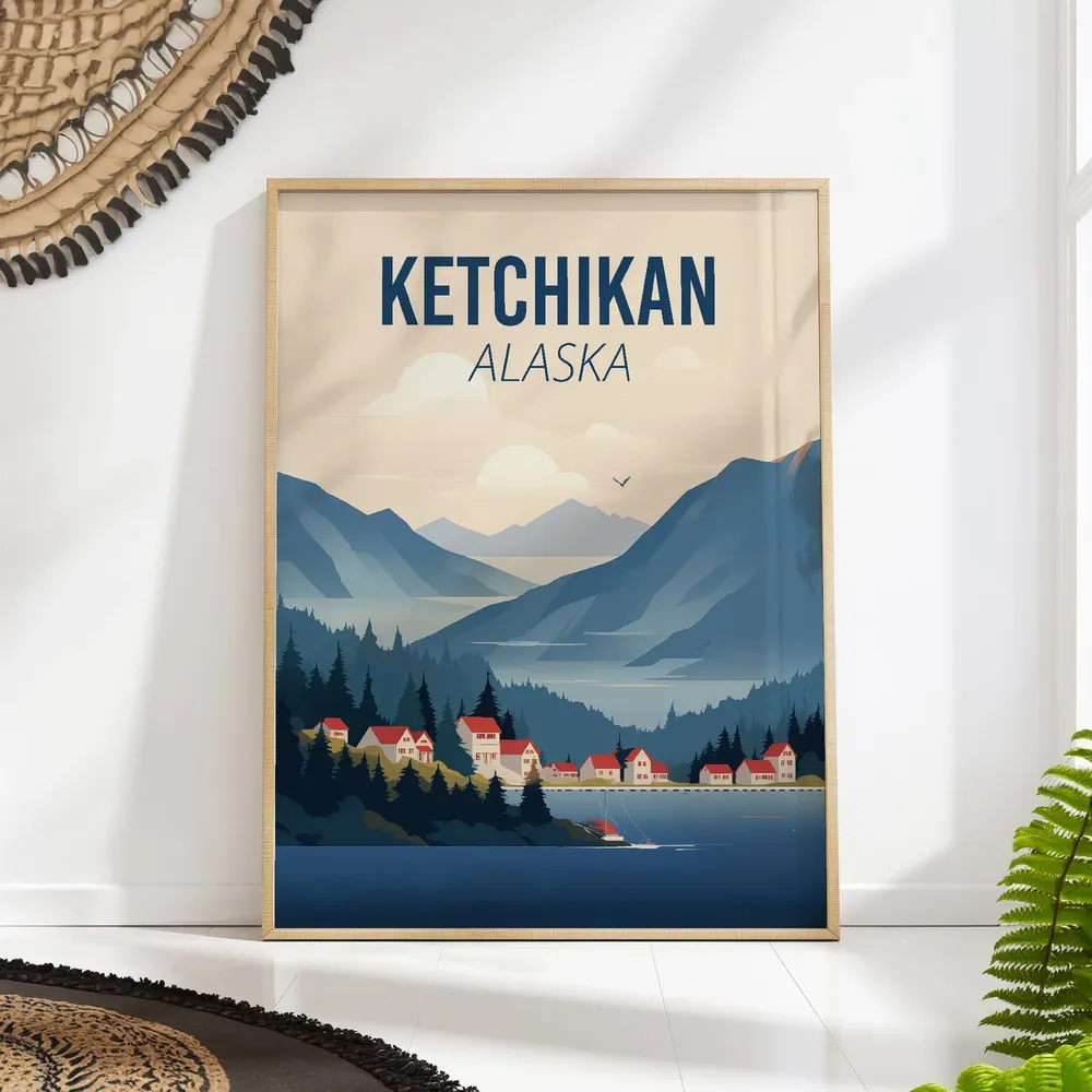 Ketchikan Alaska Travel Poster, Coastal Landscape Art Print
