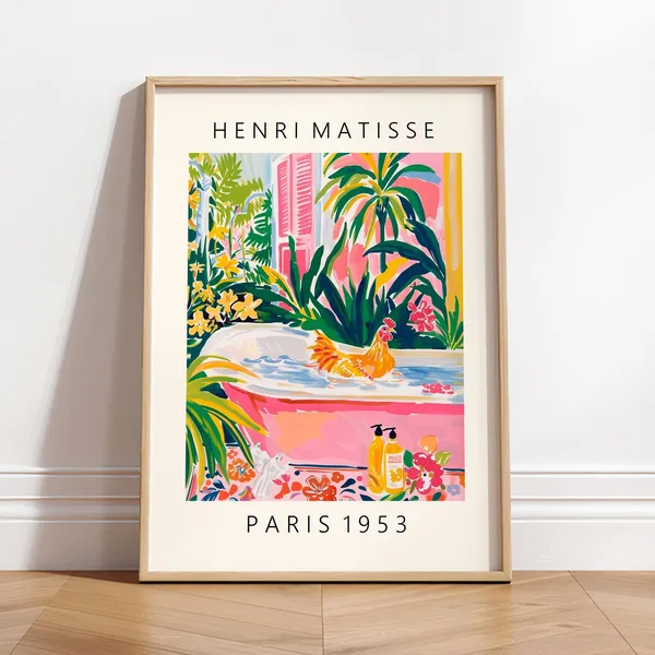 Funny Chicken Art Print, Matisse-Style Bathroom Decor