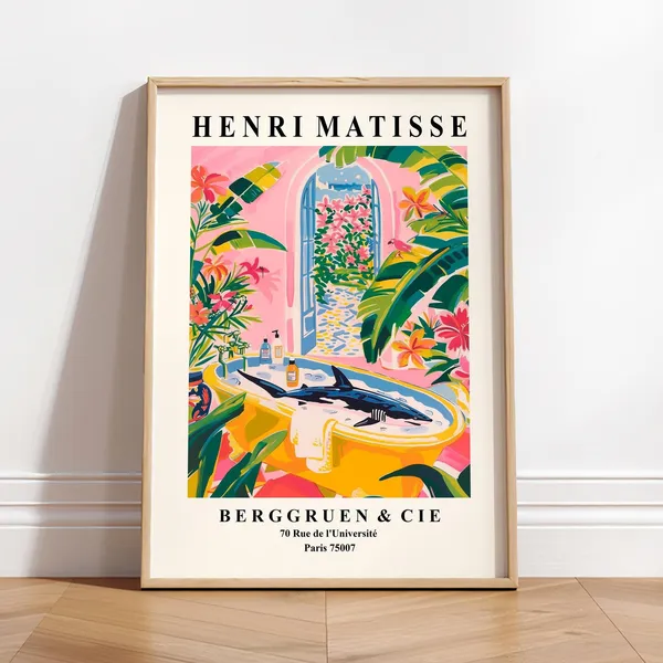 Shark In Bathtub, Matisse-Inspired Bathroom Art Print