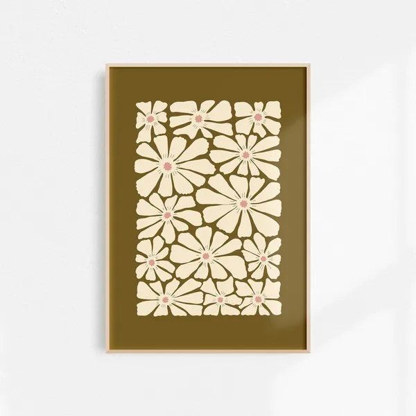 Olive Green White Floral Boho Fall Art Print