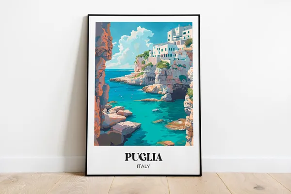 Puglia Watercolor Travel Poster, Italy Wall Art Print