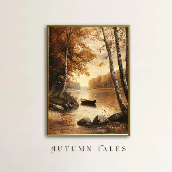 Fall Lake And Boat Art Print, Vintage Landscape