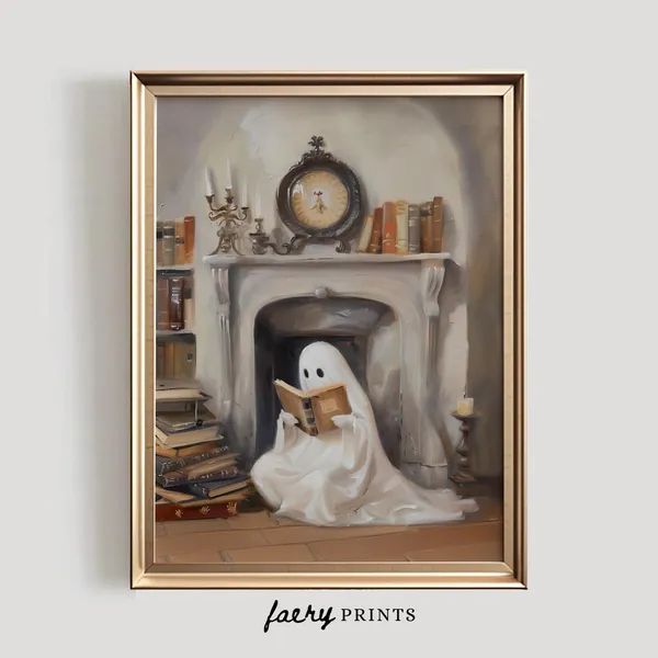 Ghost Reading Book Print, Cute Halloween Wall Art