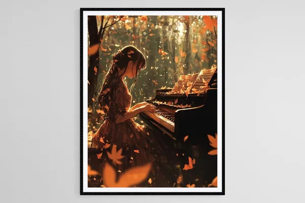Autumn Piano Girl Art Print, Music-Inspired Seasonal Decor