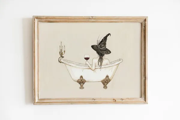Funny Witch Drinking Wine in Bathtub Halloween Art Print