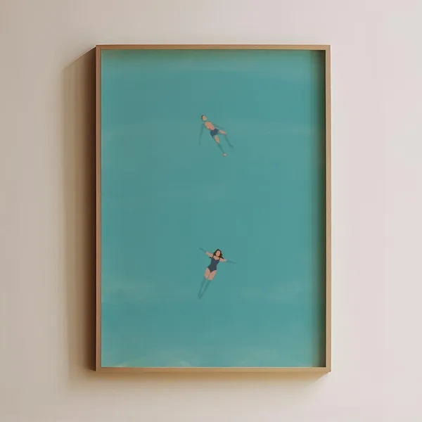 Man and Woman Floating in Pool Art Print, Cool Summer