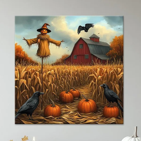 Scarecrow Field Halloween Art Print, Farmhouse Decor