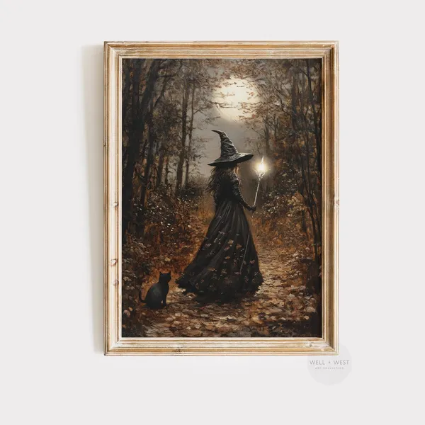 Witchy Art Spooky Witch Painting, Vintage Halloween