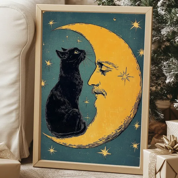 Christmas Cat and Moon Vintage Art Deco Poster Print