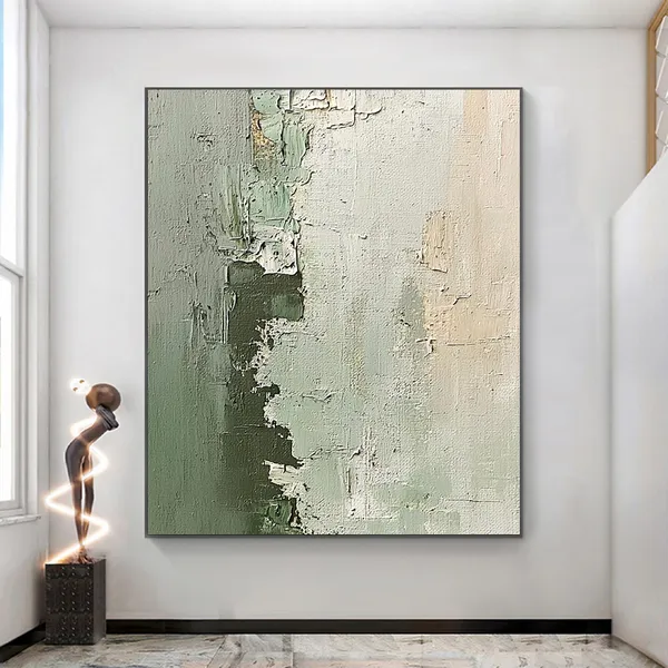 Large Green Abstract Oil Painting, Minimalist Art Print