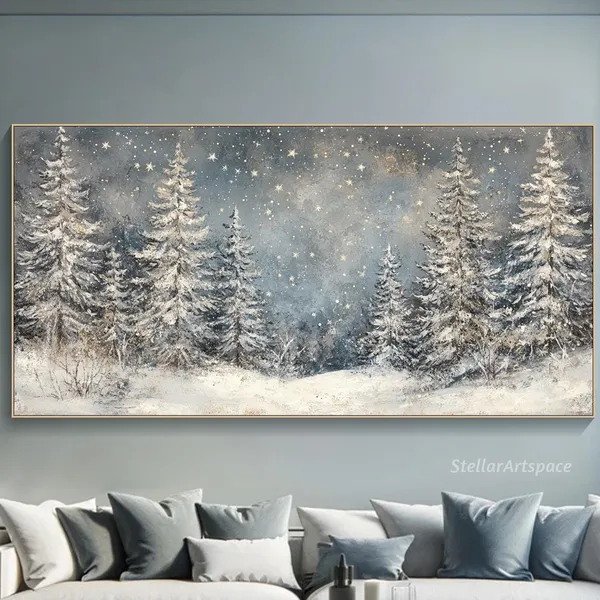 Winter Forest Starlit Art Print, Panoramic Snowy Pines