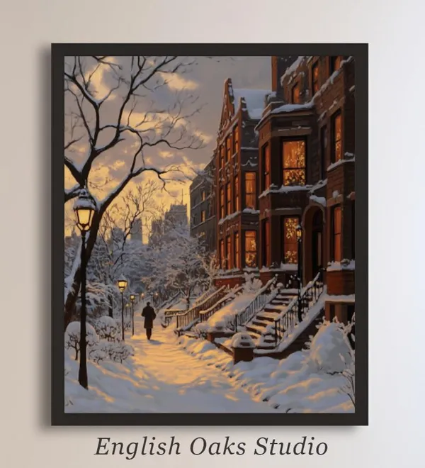 Moody Vintage City Scape Snowy Landscape Art Print