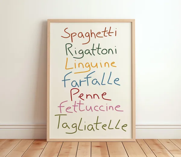 Retro Italian Pasta Names Art Print, Maximalist Kitchen
