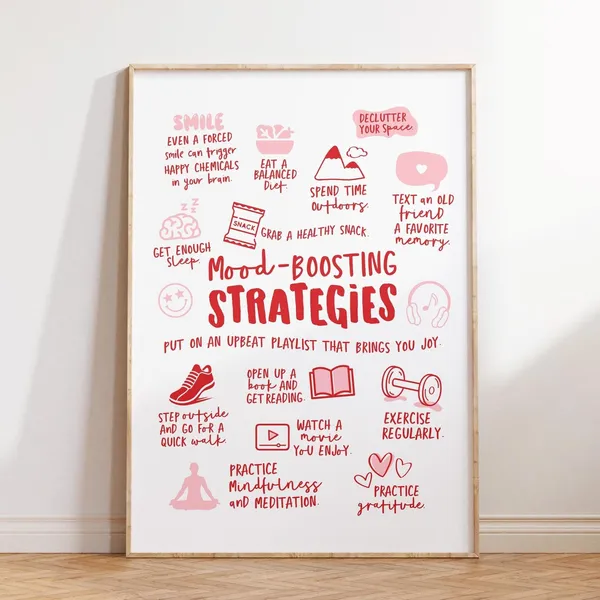 Mood Boosting Strategies Poster, Mental Health Office Art