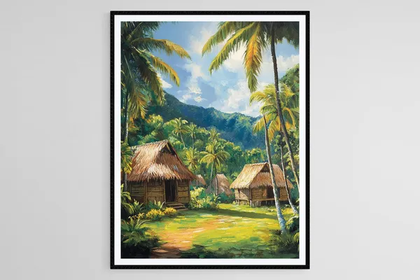 Traditional Fijian Bures Art Print, Tropical Village