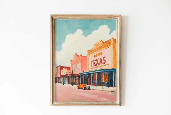 Retro Texas Vintage Travel Poster, Soft Pink Landscape