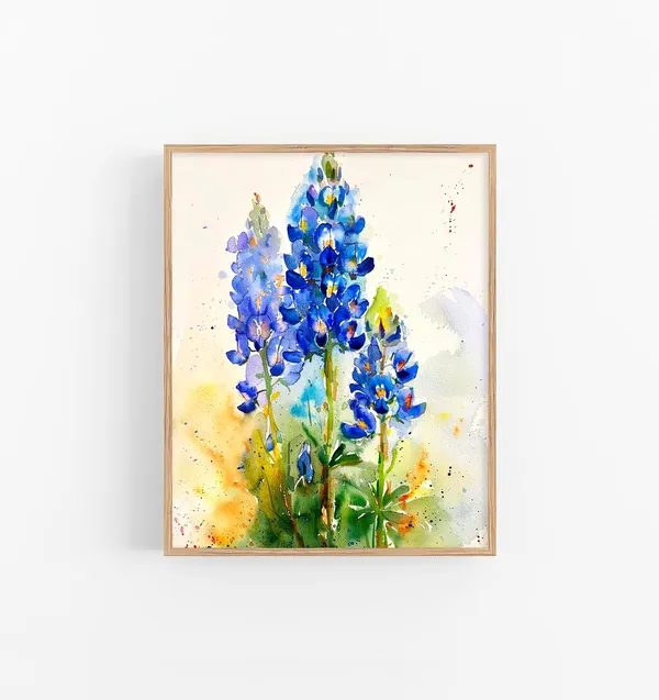 Bluebonnet Watercolor Art Print, Floral Decor