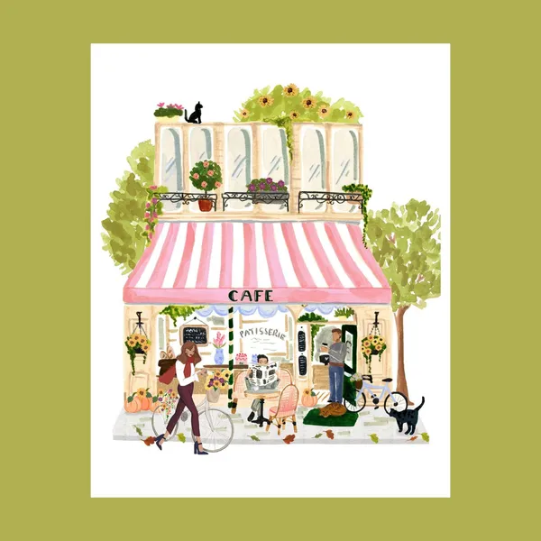 Paris Fall Coffee Shop Art Print, Cozy French Cafe