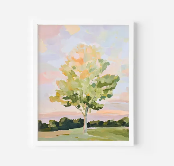 Tree Blue Sky Painting, Trendy Nature Landscape Art Print