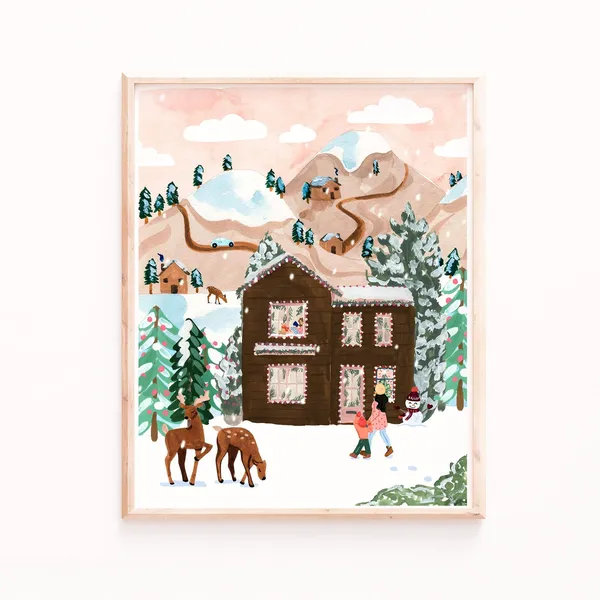 Winter Village Holiday House Art Print, Cozy Christmas