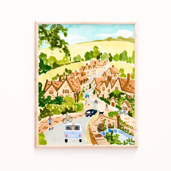 Cotswolds England Watercolor Art Print, Cottagecore Decor