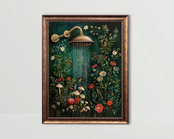 Cottagecore Mushrooms and Wildflowers Bathroom Art Print