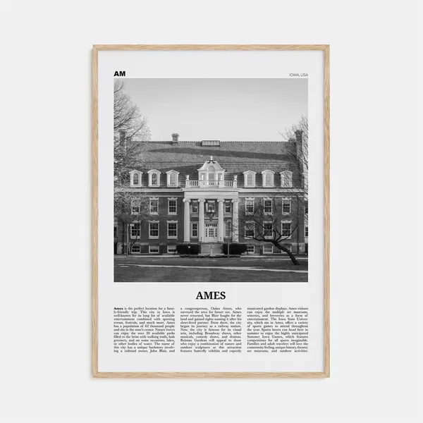 Ames Black and White Map Wall Art Print, Iowa USA