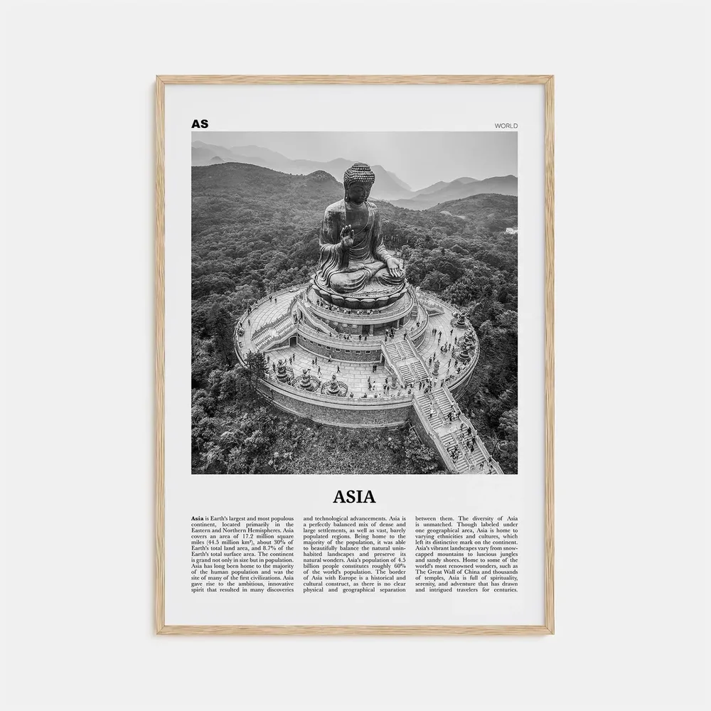 Asia Black and White Travel Poster, Continent Map
