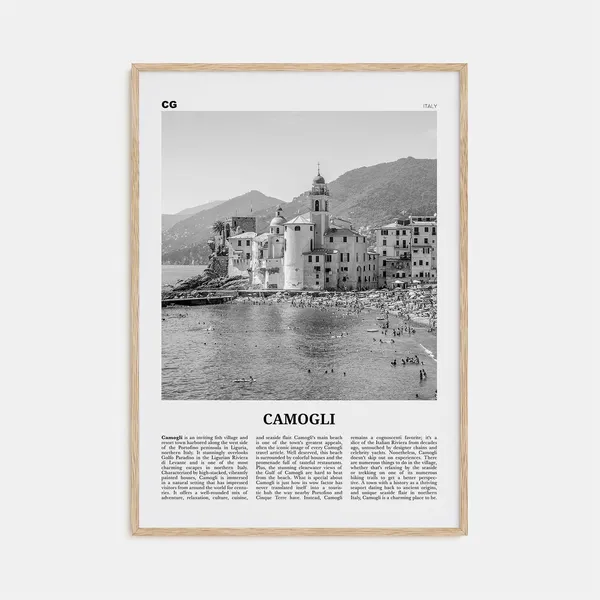 Camogli Black and White Travel Poster, Italy Map