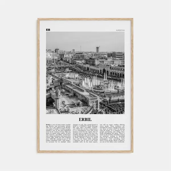 Erbil Black and White Travel Poster, Kurdistan Map