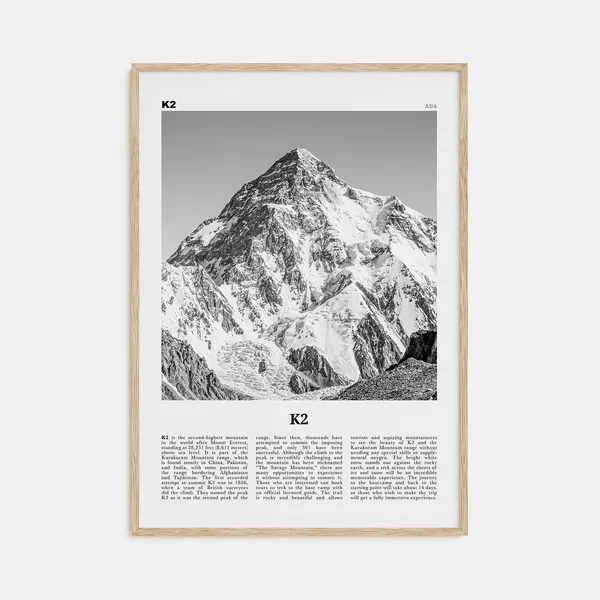 K2 Black and White Travel Poster, Karakoram Range