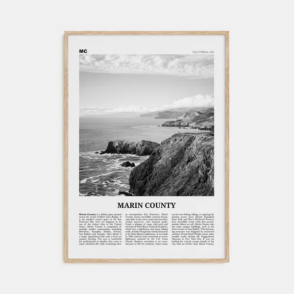 Marin County Black and White Travel Poster, California