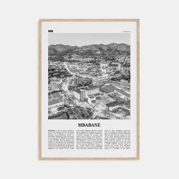 Mbabane Black and White Map Art Print, Eswatini